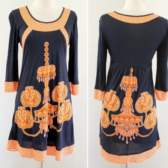 Anthropologie Eva Franco Chandelier Knit Tunic Swing Dress Navy/Orange Sz 4 - Picture 3 of 8
